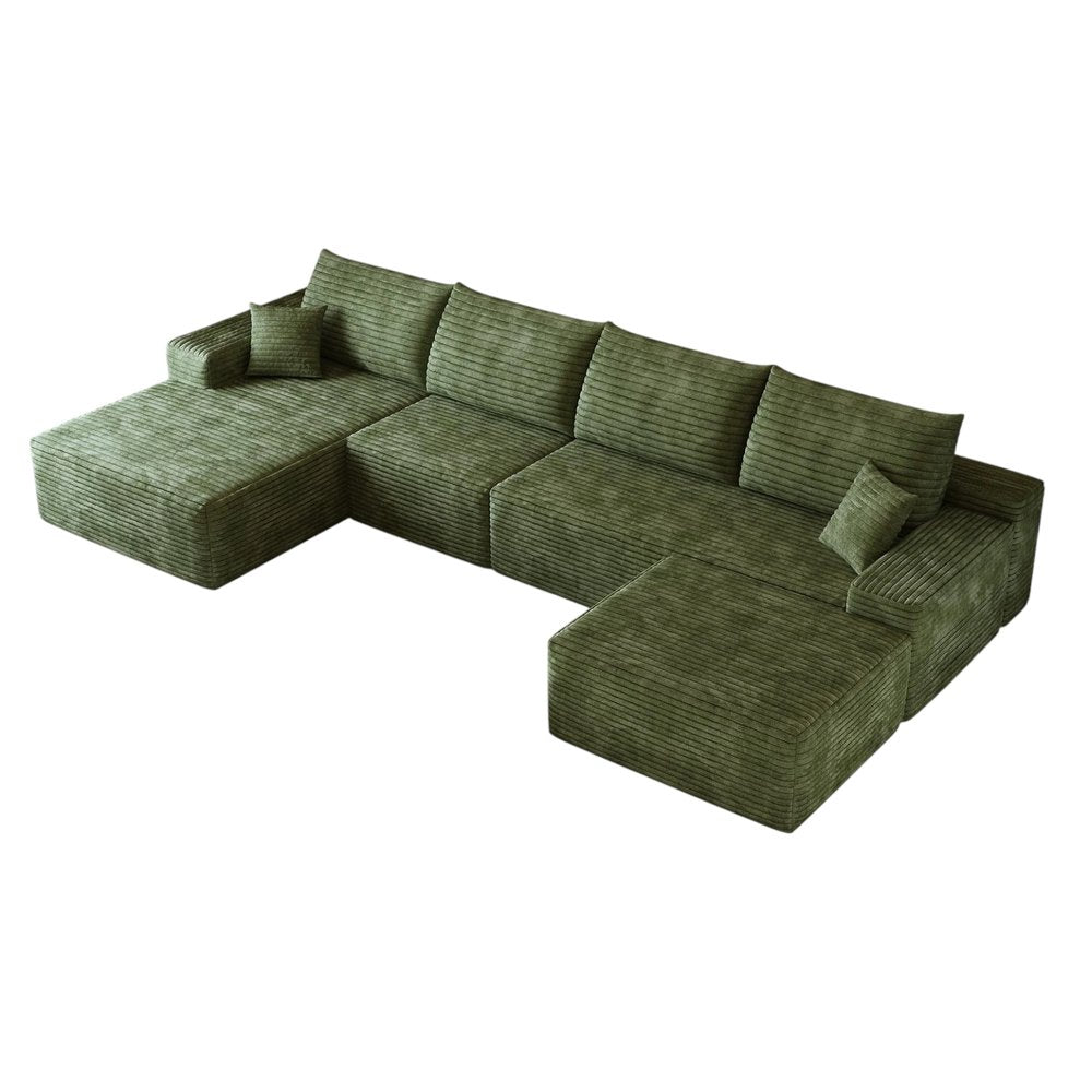 135" Green Corduroy Modular Universal Sofa With Ottoman And Toss Pillows HomeRoots