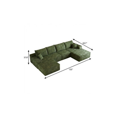 135" Green Corduroy Modular Universal Sofa With Ottoman And Toss Pillows HomeRoots
