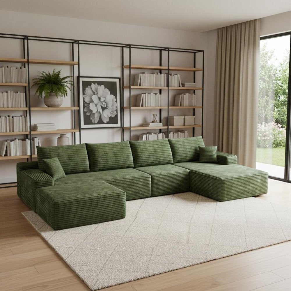 135" Green Corduroy Modular Universal Sofa With Ottoman And Toss Pillows HomeRoots