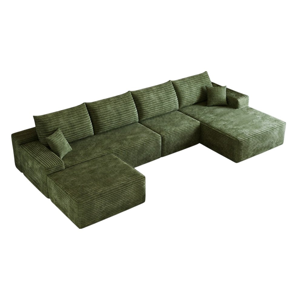 135" Green Corduroy Modular Universal Sofa With Ottoman And Toss Pillows HomeRoots