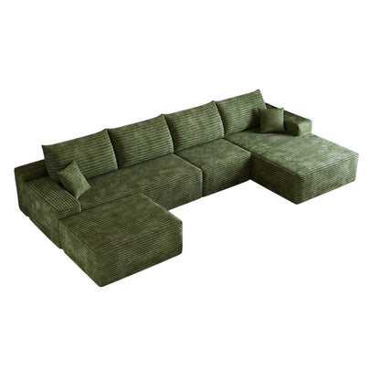 135" Green Corduroy Modular Universal Sofa With Ottoman And Toss Pillows HomeRoots