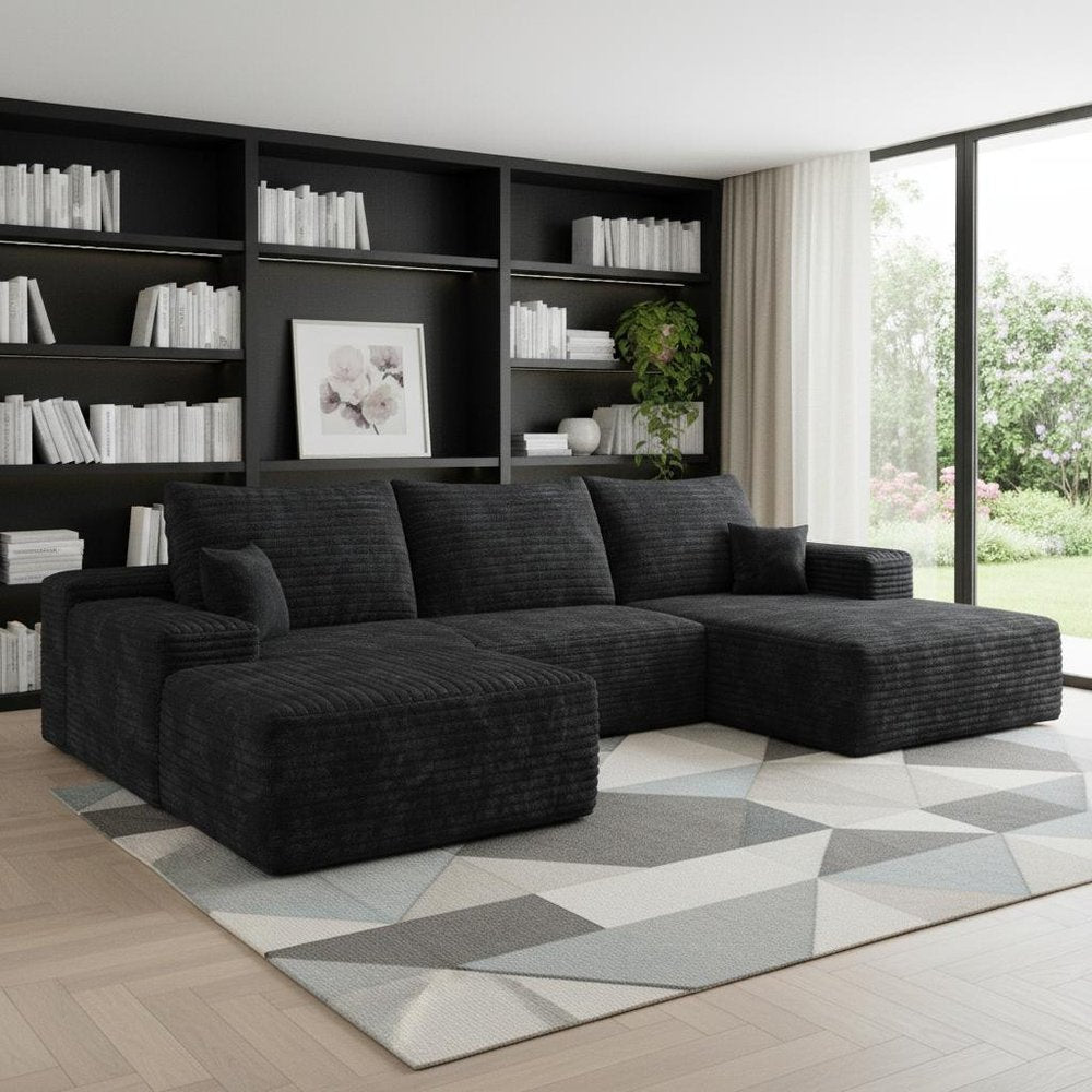 107" Black Corduroy Modular Universal Sofa With Ottoman And Toss Pillows HomeRoots