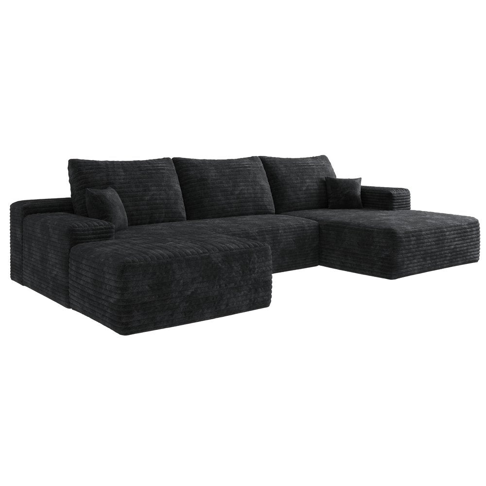 107" Black Corduroy Modular Universal Sofa With Ottoman And Toss Pillows HomeRoots