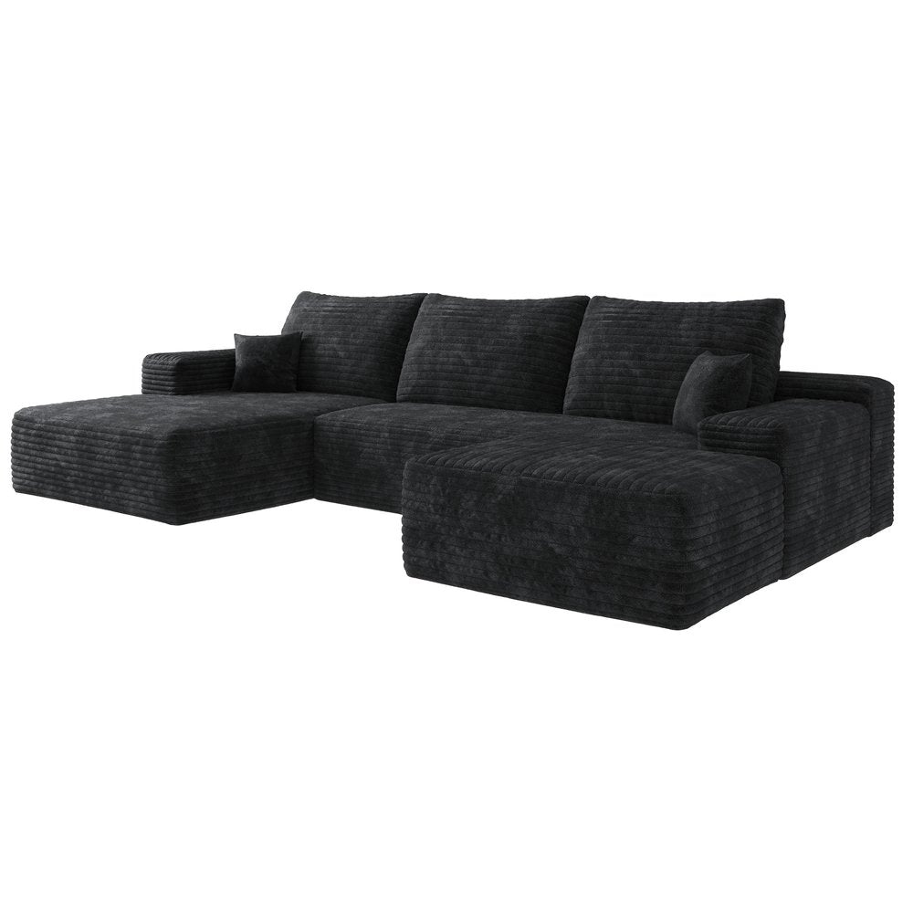 107" Black Corduroy Modular Universal Sofa With Ottoman And Toss Pillows HomeRoots