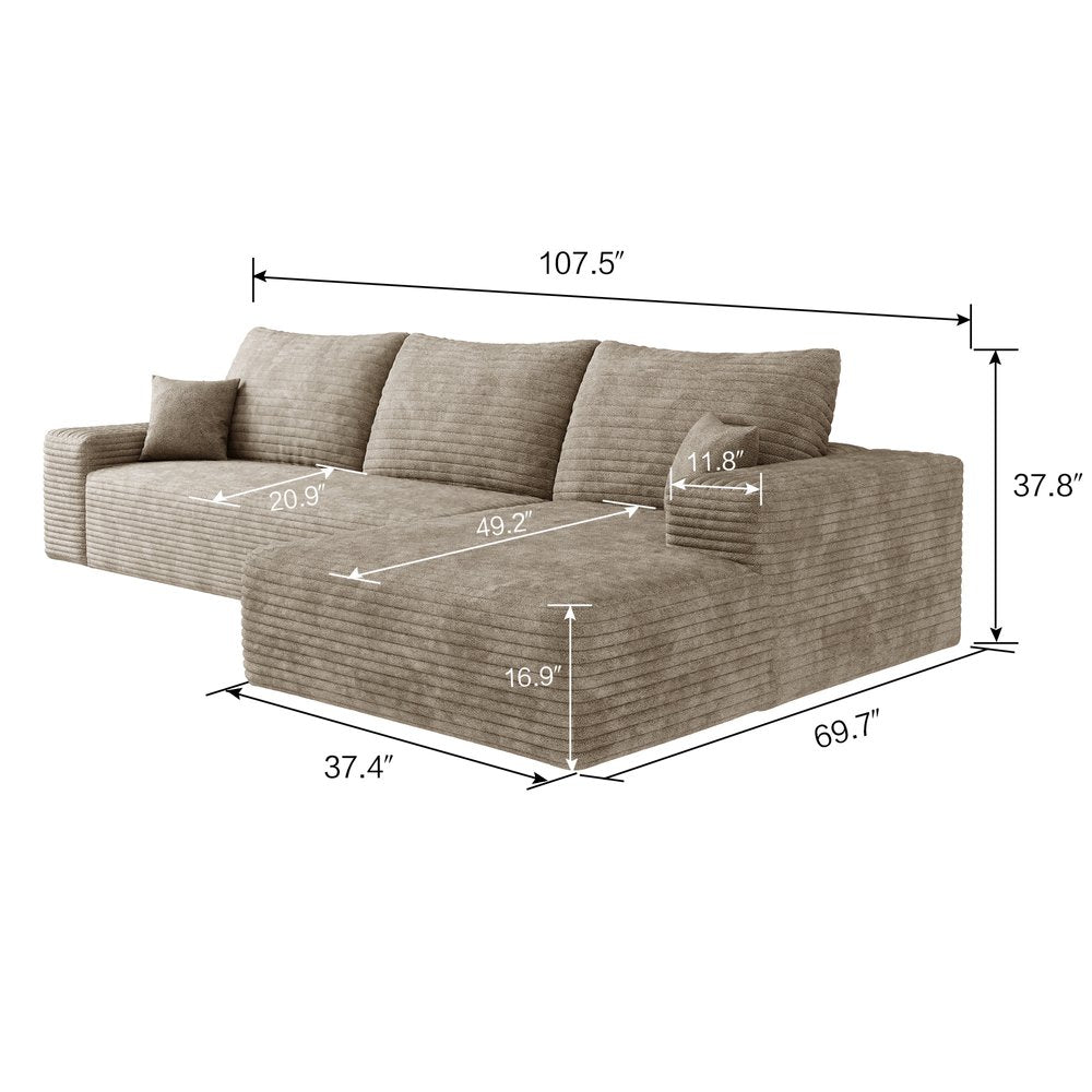 107" Camel Corduroy Modular Compression Foam Sofa With Toss Pillows HomeRoots