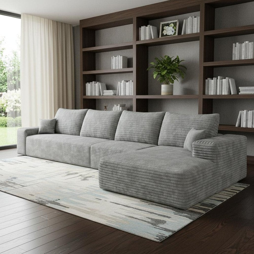 135" Gray Corduroy Modular Compression Foam Sofa With Toss Pillows HomeRoots