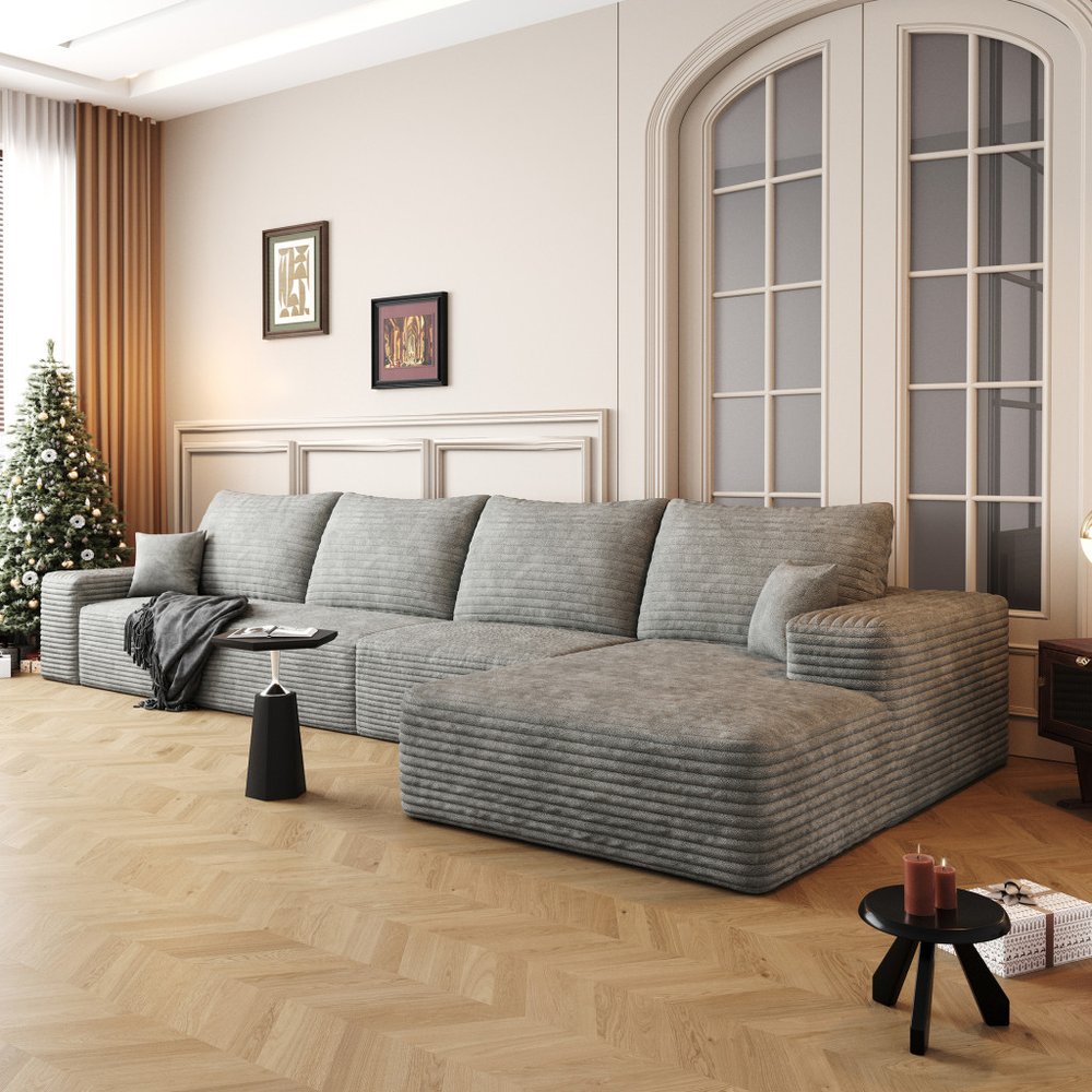 135" Gray Corduroy Modular Compression Foam Sofa With Toss Pillows HomeRoots