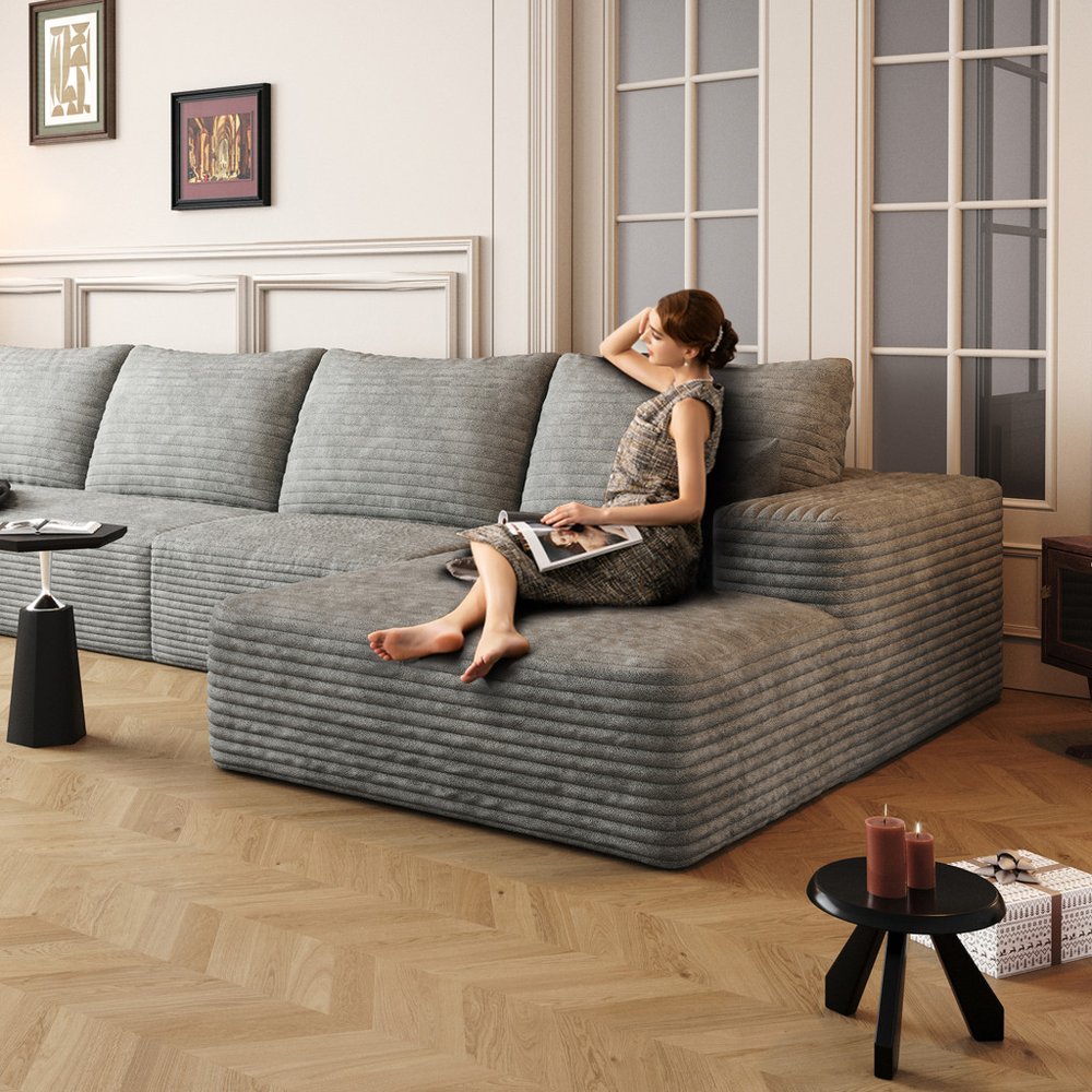 135" Gray Corduroy Modular Compression Foam Sofa With Toss Pillows HomeRoots