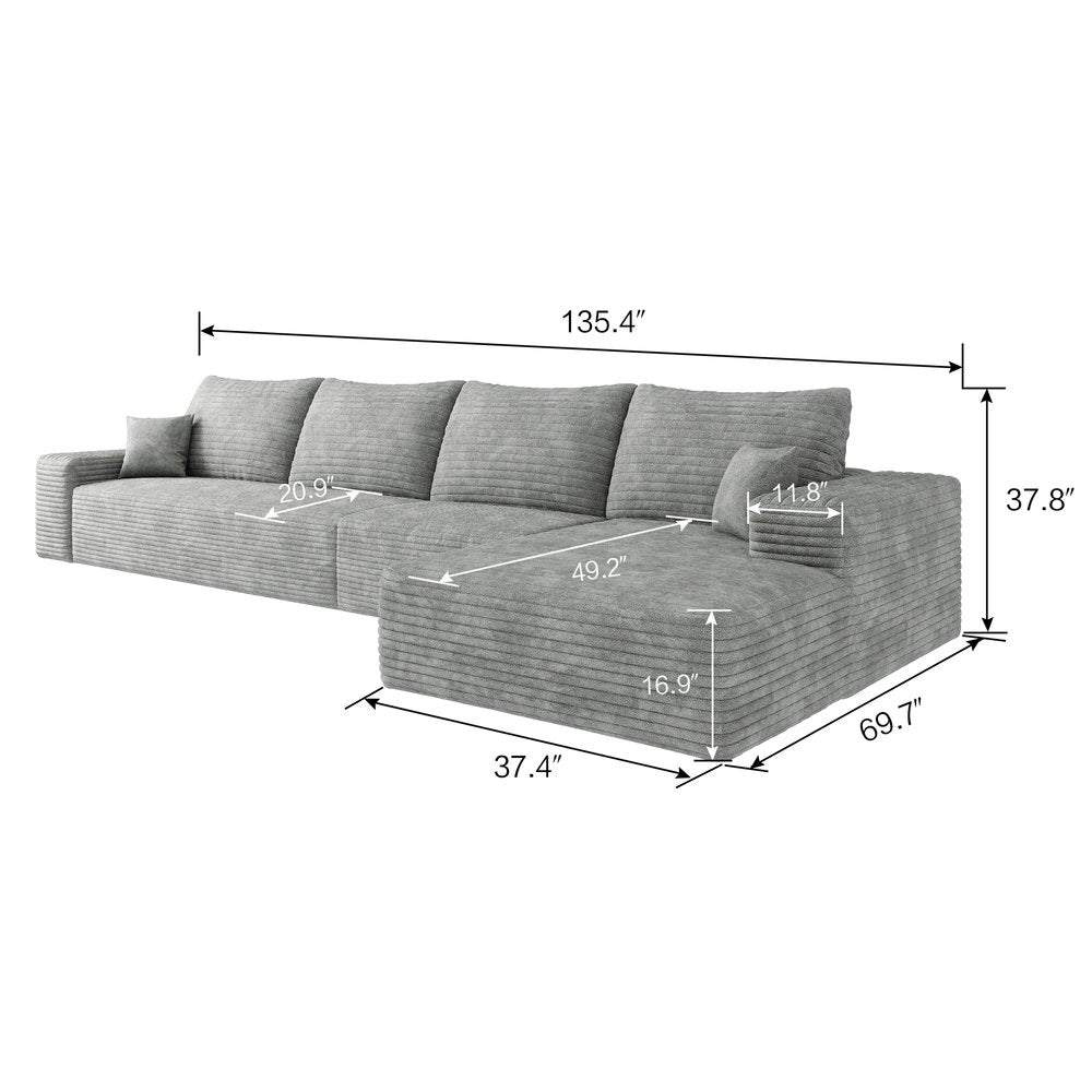 135" Gray Corduroy Modular Compression Foam Sofa With Toss Pillows HomeRoots