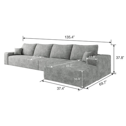 135" Gray Corduroy Modular Compression Foam Sofa With Toss Pillows HomeRoots