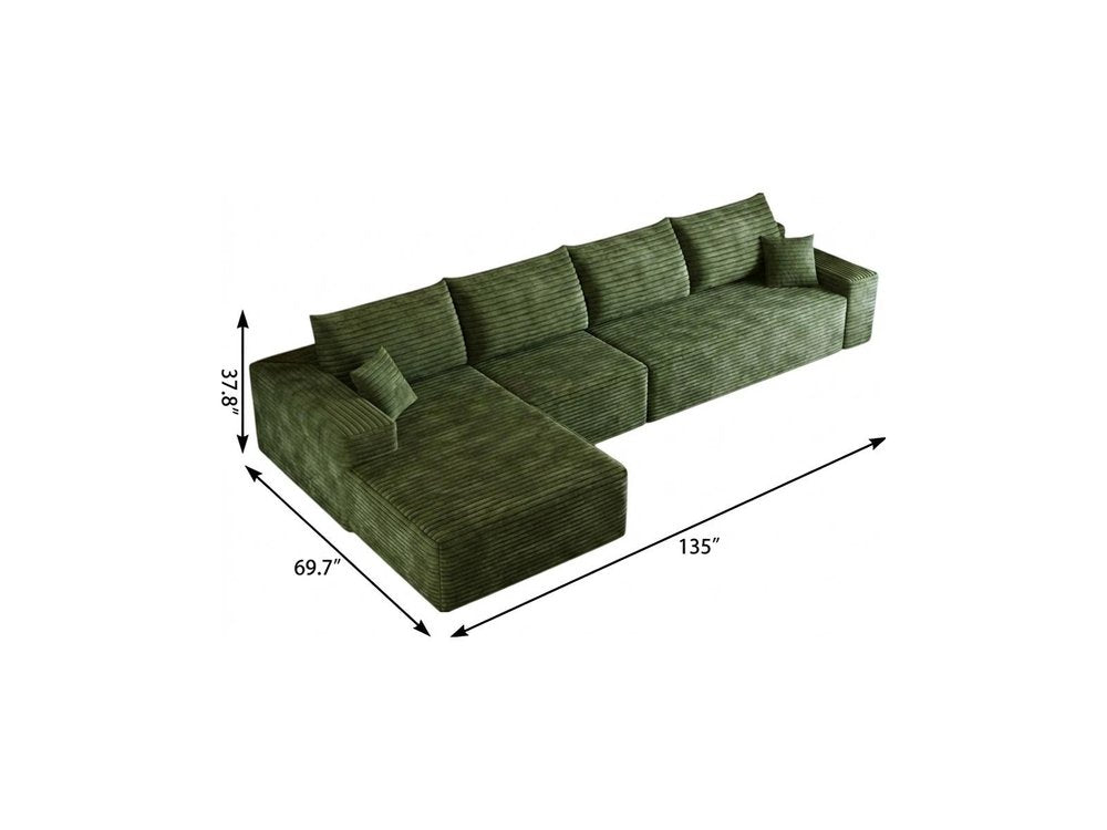 135" Green Corduroy Modular Compression Foam Sofa With Toss Pillows HomeRoots