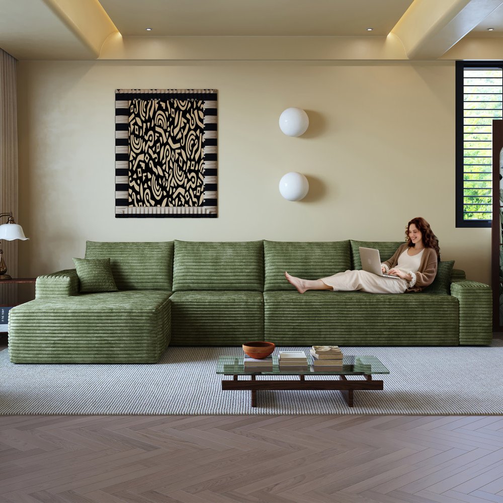 135" Green Corduroy Modular Compression Foam Sofa With Toss Pillows HomeRoots