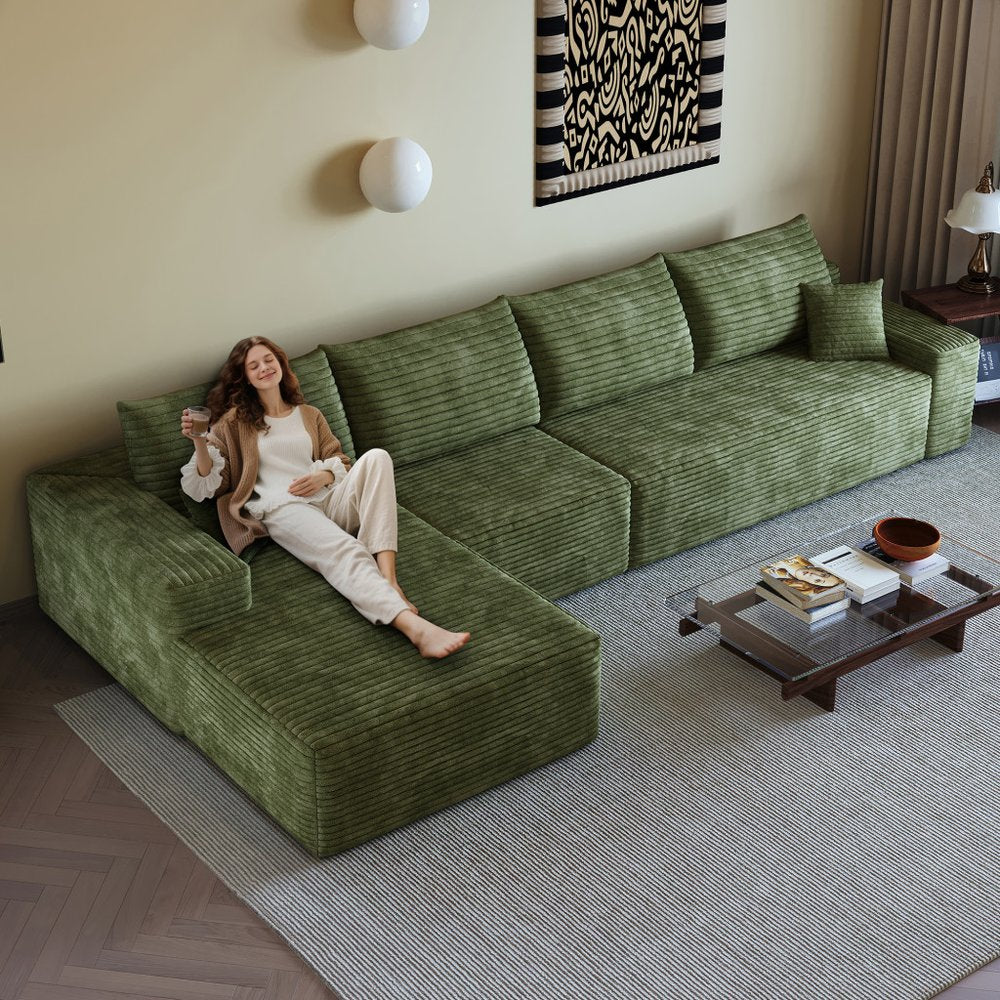 135" Green Corduroy Modular Compression Foam Sofa With Toss Pillows HomeRoots