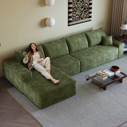 135" Green Corduroy Modular Compression Foam Sofa With Toss Pillows HomeRoots