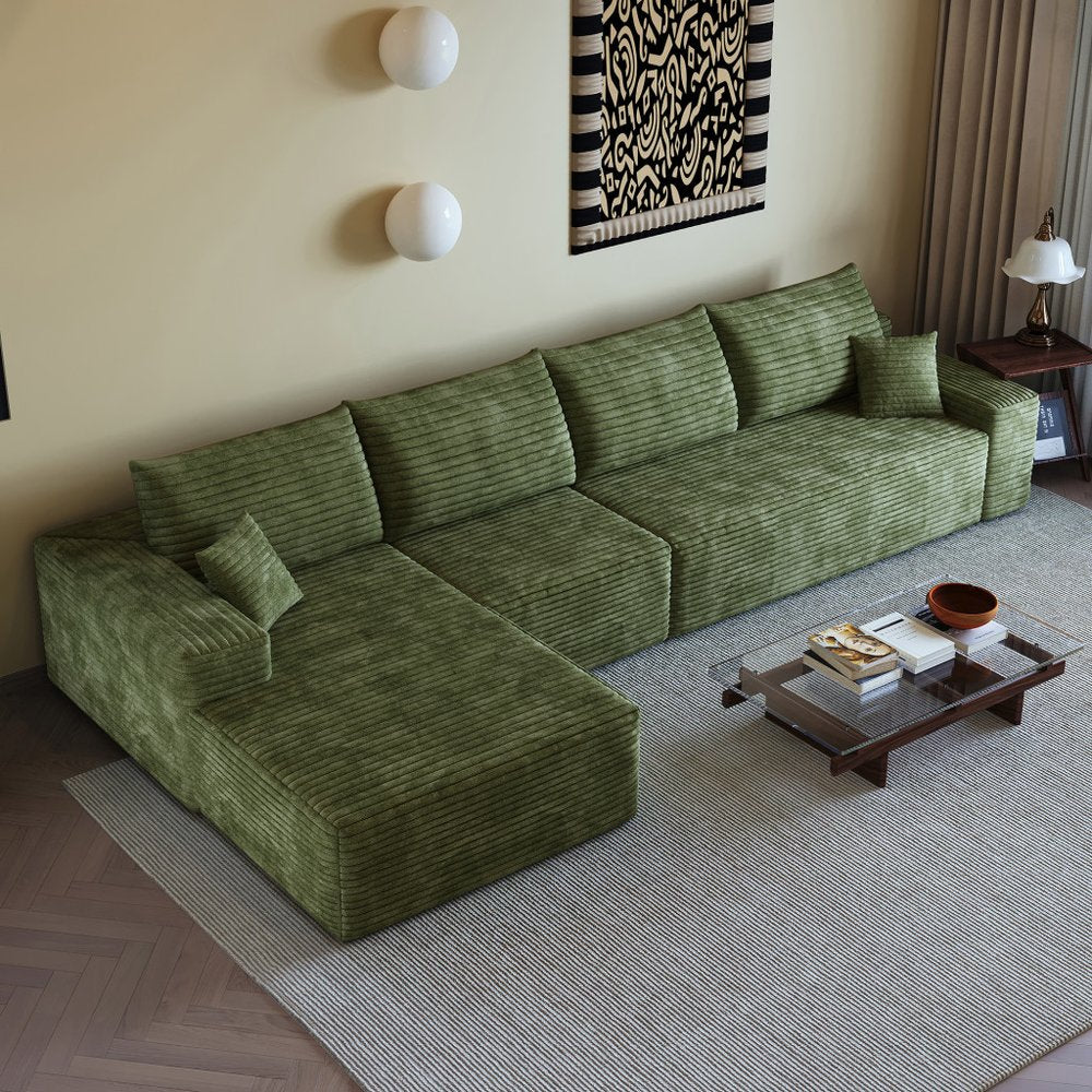 135" Green Corduroy Modular Compression Foam Sofa With Toss Pillows HomeRoots