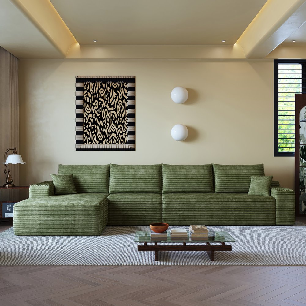 135" Green Corduroy Modular Compression Foam Sofa With Toss Pillows HomeRoots