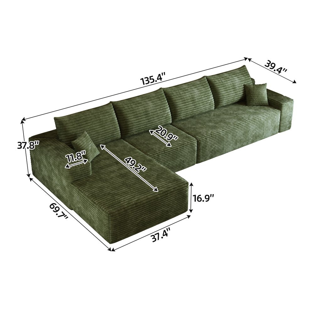 135" Green Corduroy Modular Compression Foam Sofa With Toss Pillows HomeRoots