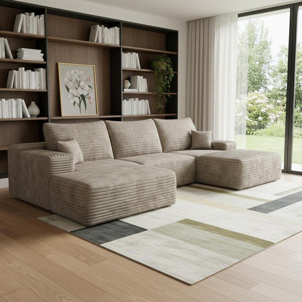 107" Camel Corduroy Modular Compression Foam Sofa With Ottoman And Toss Pillows HomeRoots