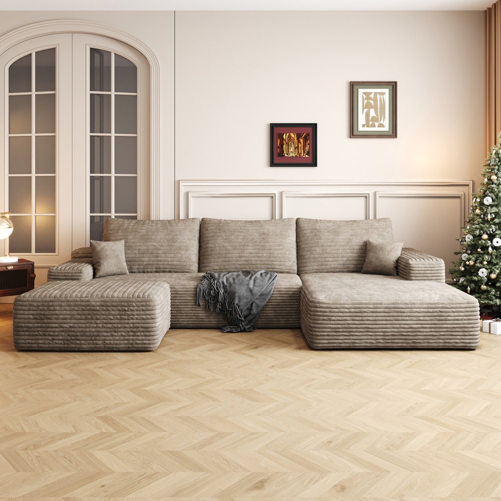 107" Camel Corduroy Modular Compression Foam Sofa With Ottoman And Toss Pillows HomeRoots
