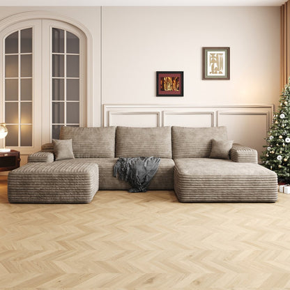 107" Camel Corduroy Modular Compression Foam Sofa With Ottoman And Toss Pillows HomeRoots