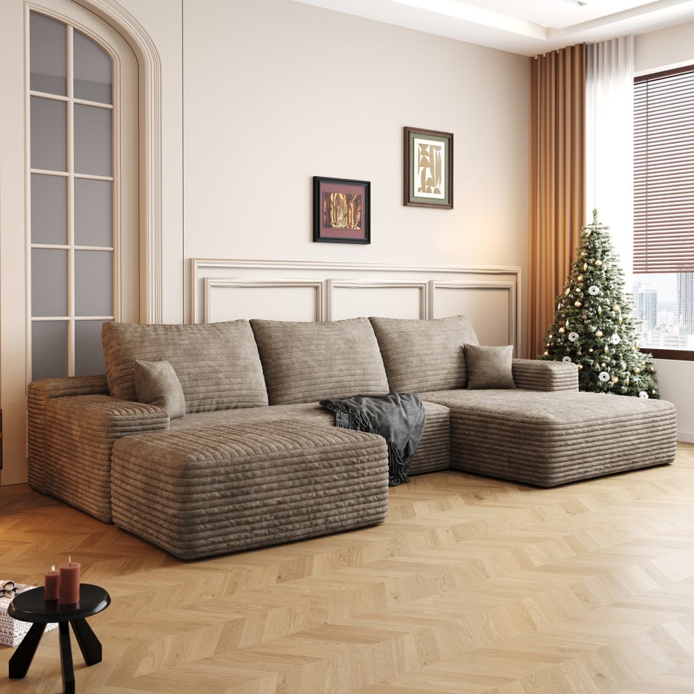 107" Camel Corduroy Modular Compression Foam Sofa With Ottoman And Toss Pillows HomeRoots