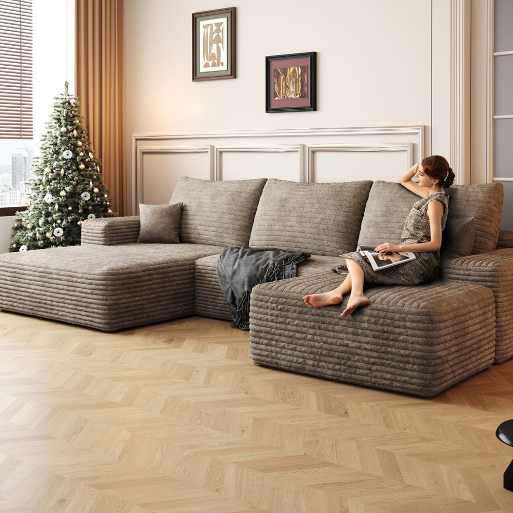 107" Camel Corduroy Modular Compression Foam Sofa With Ottoman And Toss Pillows HomeRoots