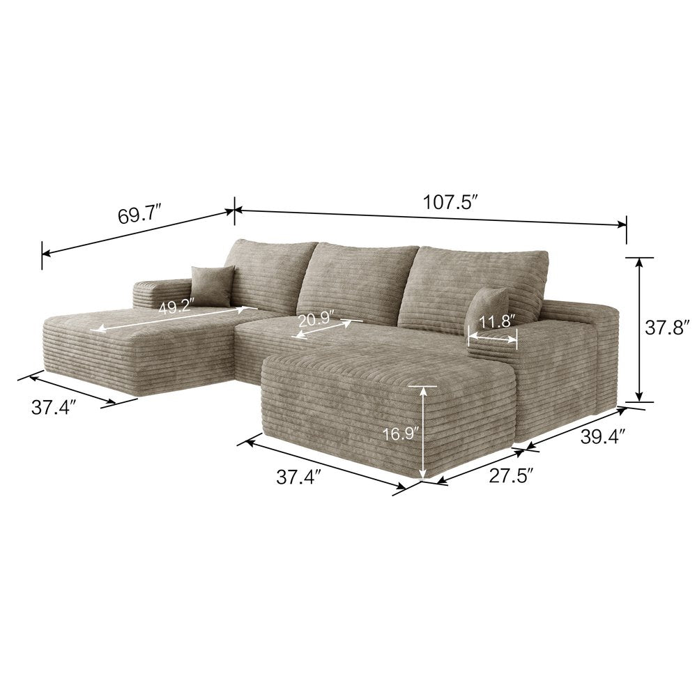 107" Camel Corduroy Modular Compression Foam Sofa With Ottoman And Toss Pillows HomeRoots