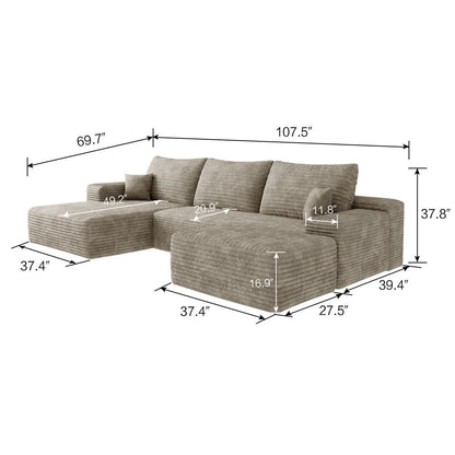 107" Camel Corduroy Modular Compression Foam Sofa With Ottoman And Toss Pillows HomeRoots