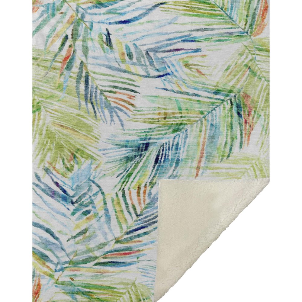 50" X 70" Ivory Blue And Green Microfiber Leaves Plush Throw Blanket HomeRoots