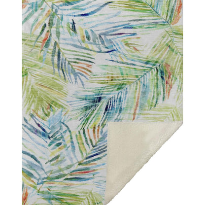 50" X 70" Ivory Blue And Green Microfiber Leaves Plush Throw Blanket HomeRoots