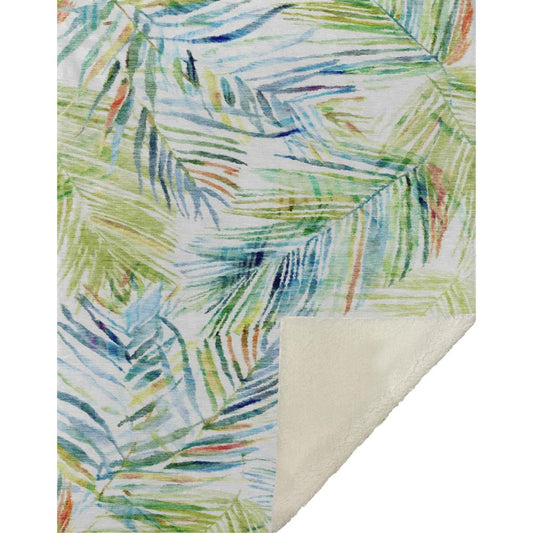 50" X 70" Ivory Blue And Green Microfiber Leaves Plush Throw Blanket HomeRoots