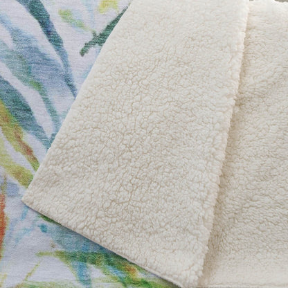 50" X 70" Ivory Blue And Green Microfiber Leaves Plush Throw Blanket HomeRoots