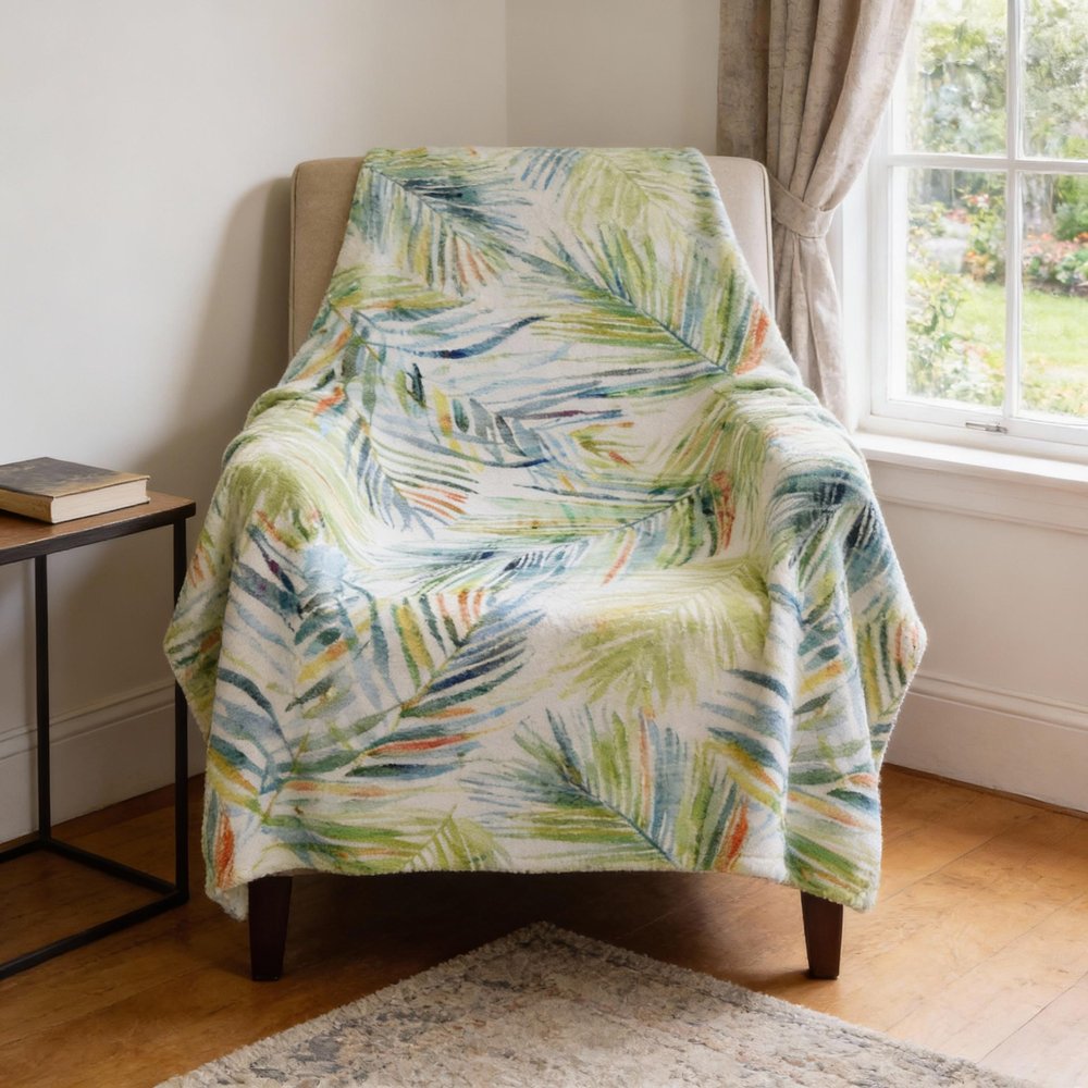 50" X 70" Ivory Blue And Green Microfiber Leaves Plush Throw Blanket HomeRoots