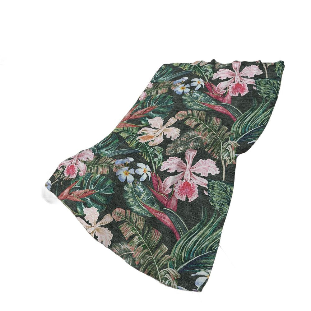 50" X 70" Midnight Green And Pink Floral Polyester Woven Plush Throw Blanket HomeRoots