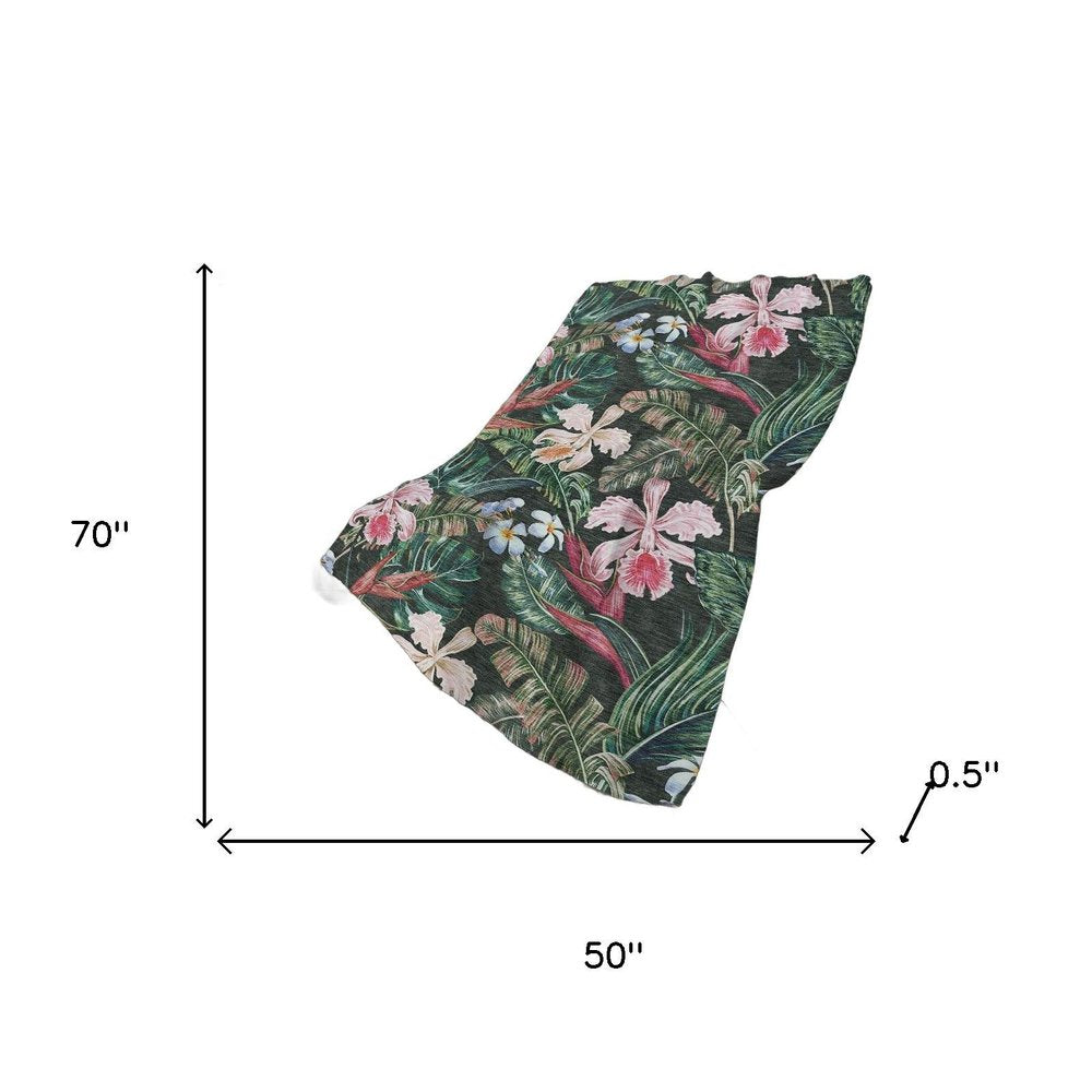 50" X 70" Midnight Green And Pink Floral Polyester Woven Plush Throw Blanket HomeRoots