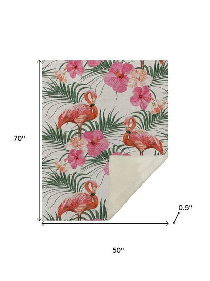 50" X 70" Pink Ivory And Olive Green Animal Print Polyester Woven Plush Throw Blanket HomeRoots