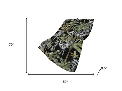 50" X 70" Midnight Ivory And Olive Green Animal Print Polyester Woven Plush Throw Blanket HomeRoots