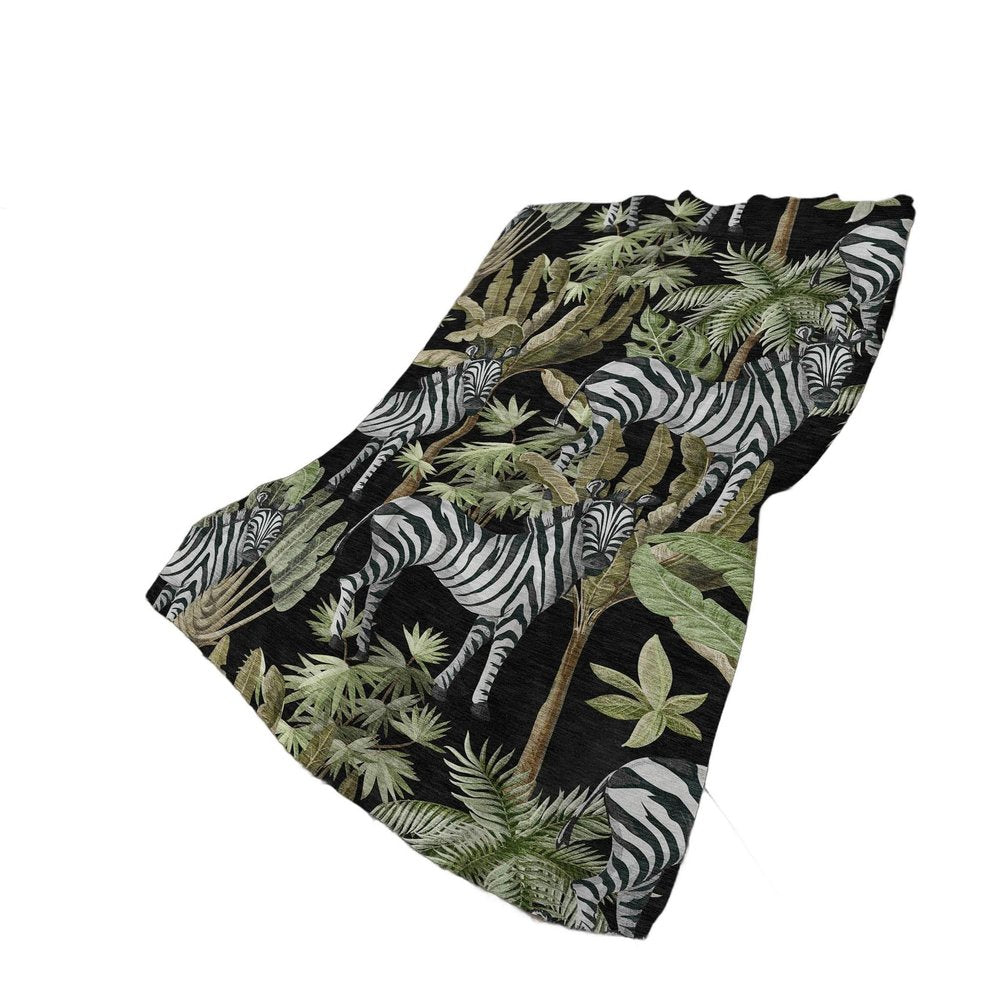 50" X 70" Midnight Ivory And Olive Green Animal Print Polyester Woven Plush Throw Blanket HomeRoots