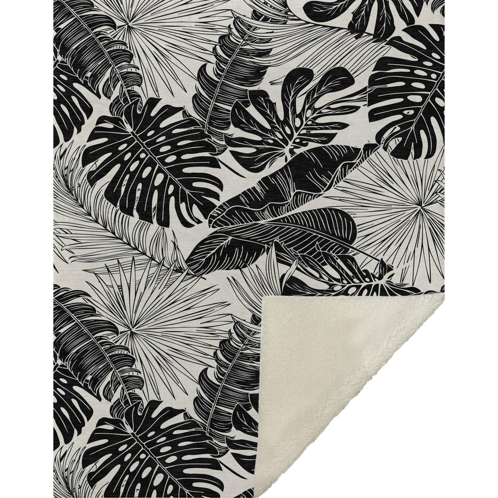 50" X 70" Midnight And Ivory Leaves Polyester Woven Plush Throw Blanket HomeRoots