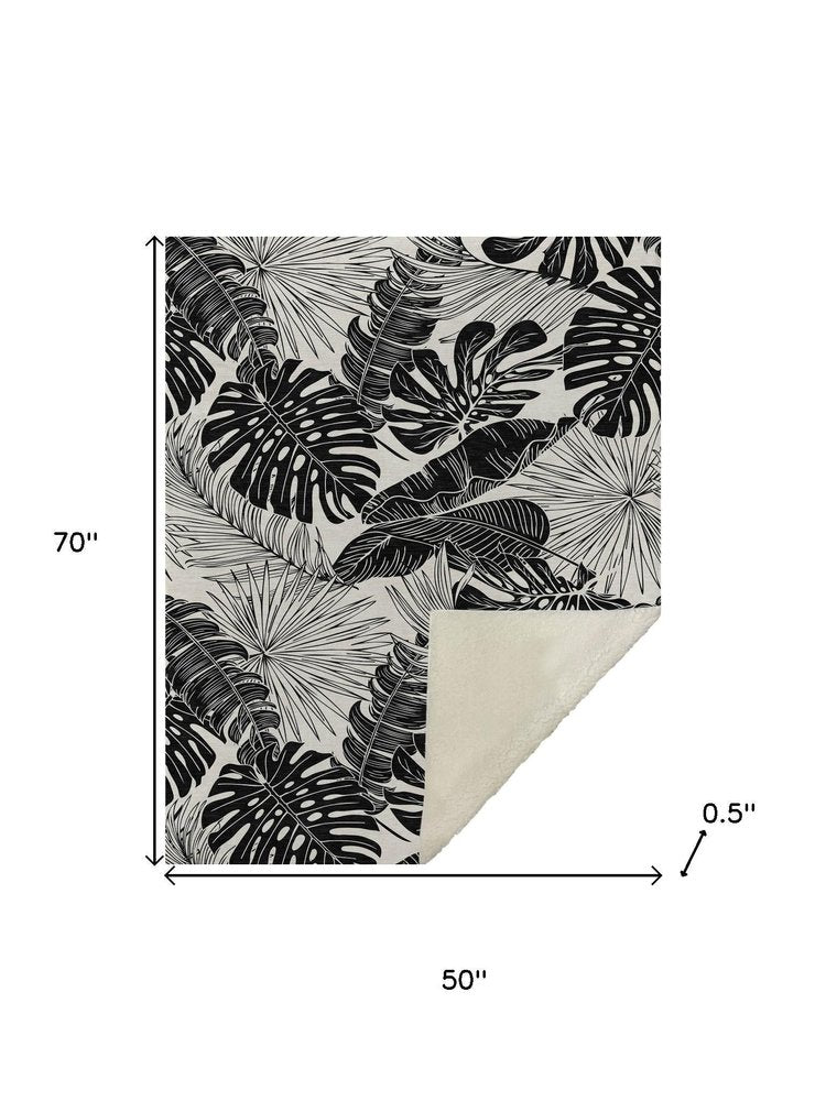 50" X 70" Midnight And Ivory Leaves Polyester Woven Plush Throw Blanket HomeRoots