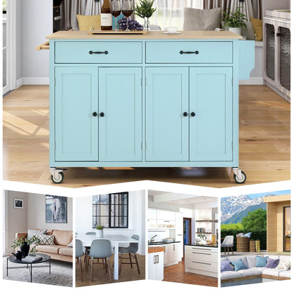 Kitchen Island Cart with 4 Door Cabinet and Two Drawers and 2 Locking Wheels - Solid Wood Top (Mint Green) - FurniFindUSA