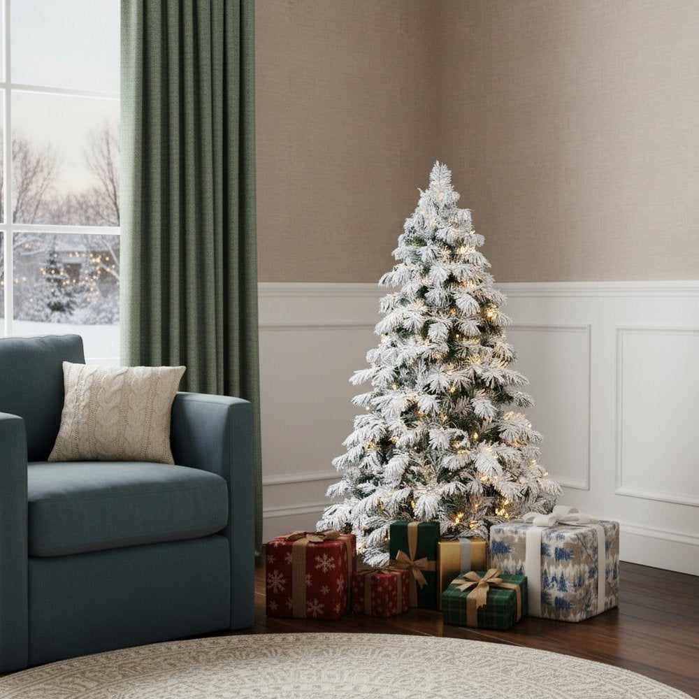 5' Green And White Pre Lit Full Flocked Pine Christmas Tree HomeRoots