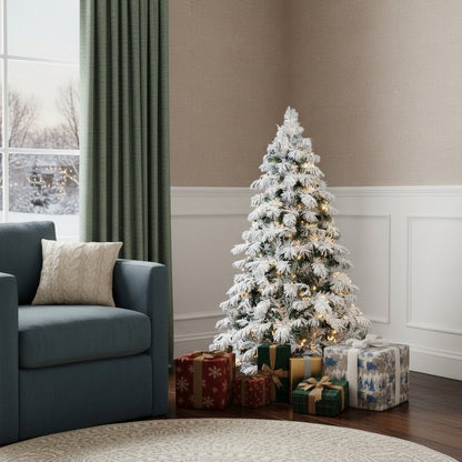 5' Green And White Pre Lit Full Flocked Pine Christmas Tree HomeRoots