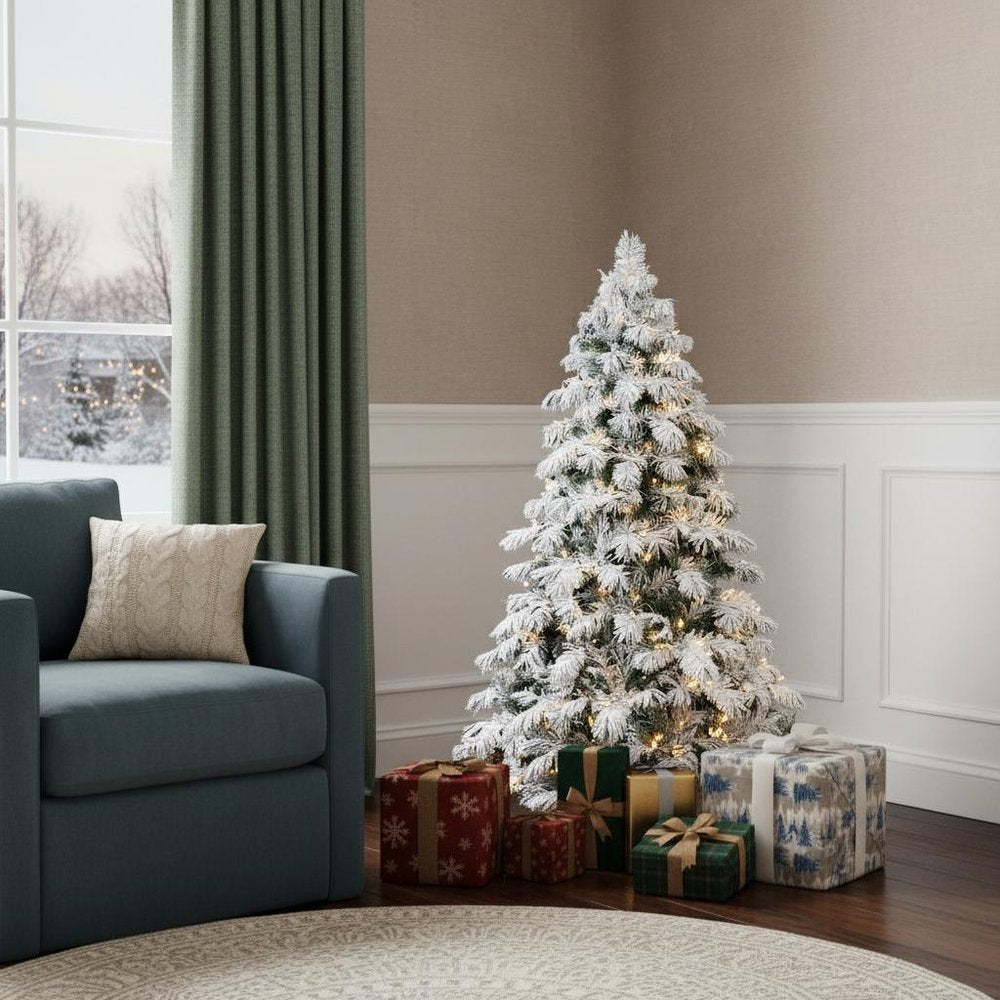 5' Green And White Pre Lit Full Flocked Pine Christmas Tree HomeRoots