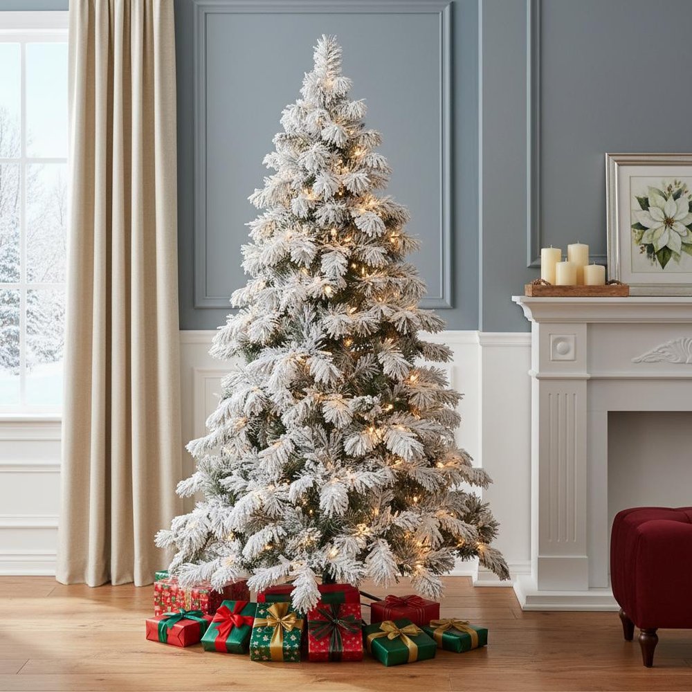 5' Green And White Pre Lit Full Flocked Pine Christmas Tree HomeRoots