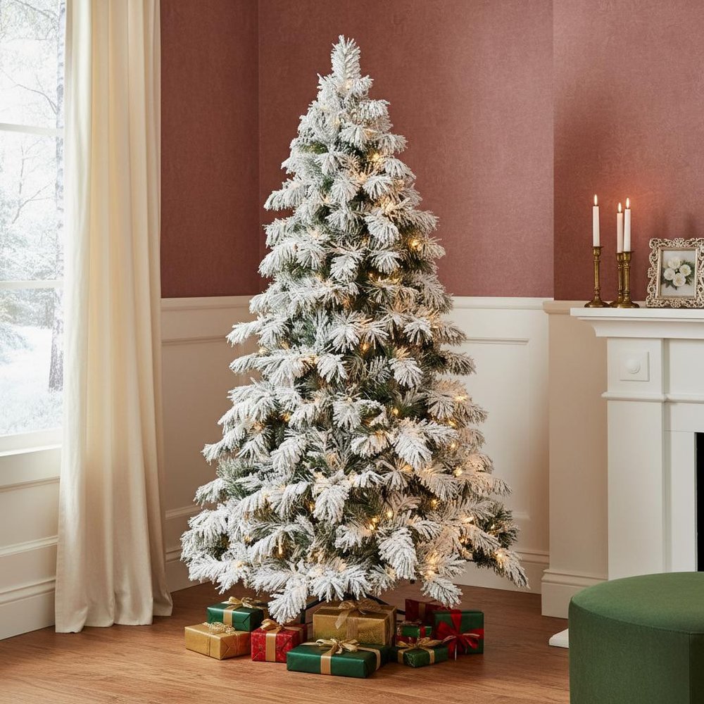 5' Green And White Pre Lit Full Flocked Pine Christmas Tree HomeRoots