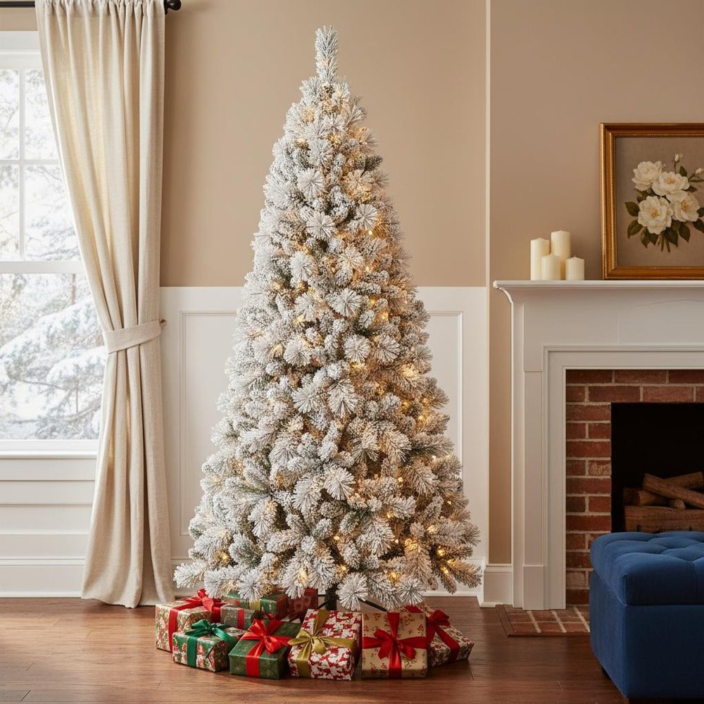 8' White Pre Lit Full Pine Christmas Tree HomeRoots