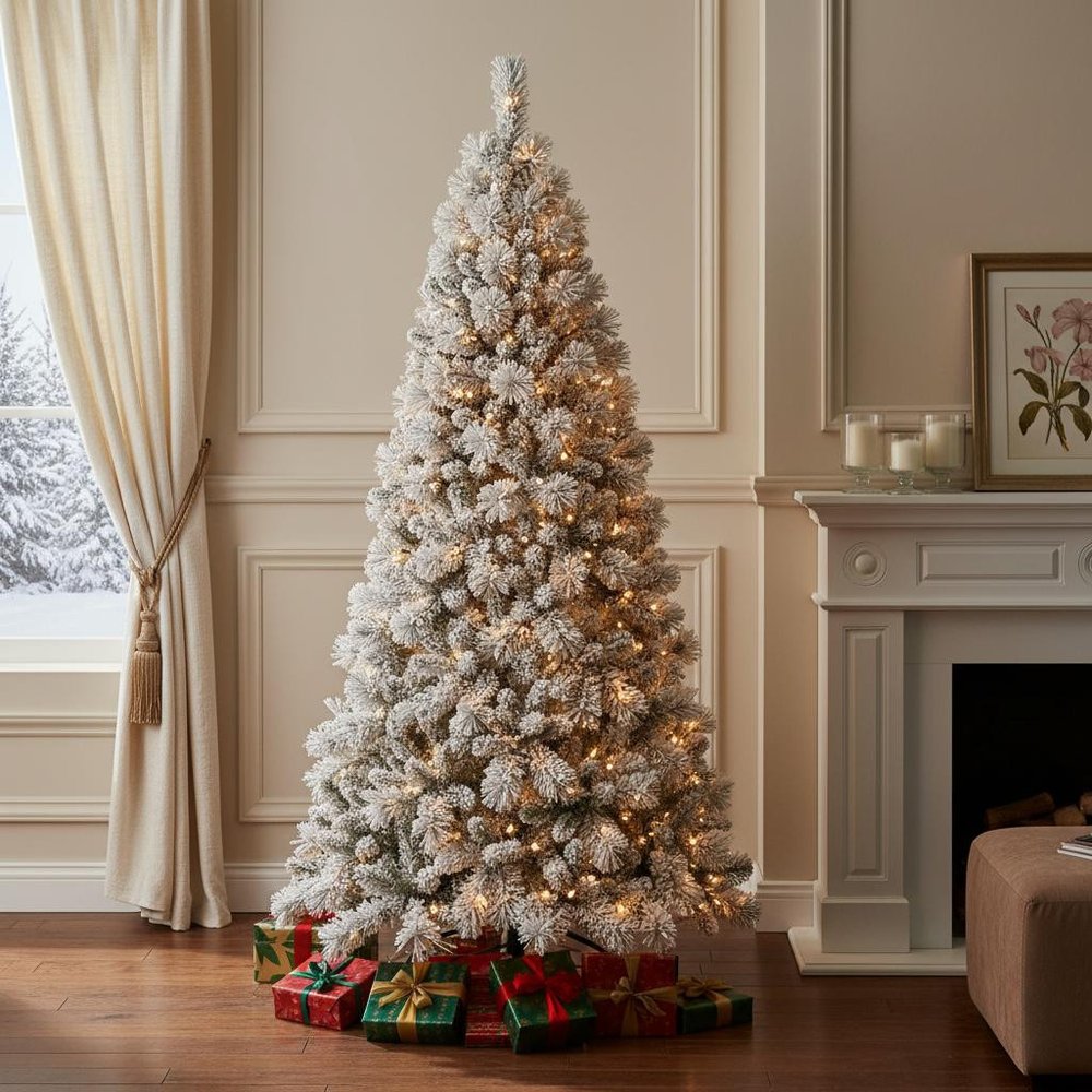 7' Pre Lit Full Flocked Pine Christmas Tree HomeRoots