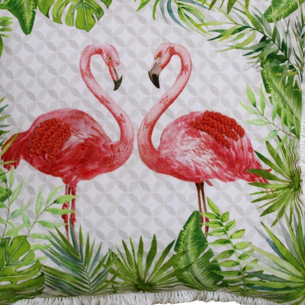 20" Green Off White And Pink Flamingo Throw Pillow Cover with Fringe — view 1