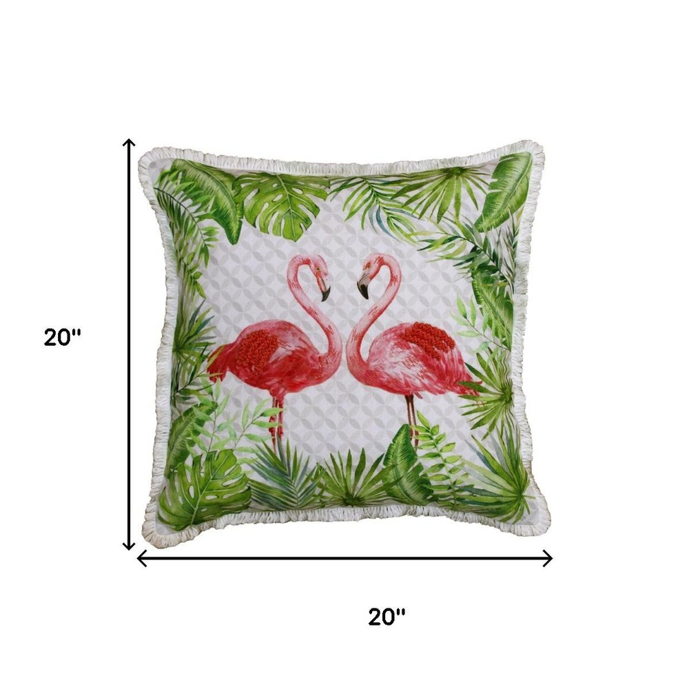 20" Green Off White And Pink Flamingo Throw Pillow Cover with Fringe — view 2
